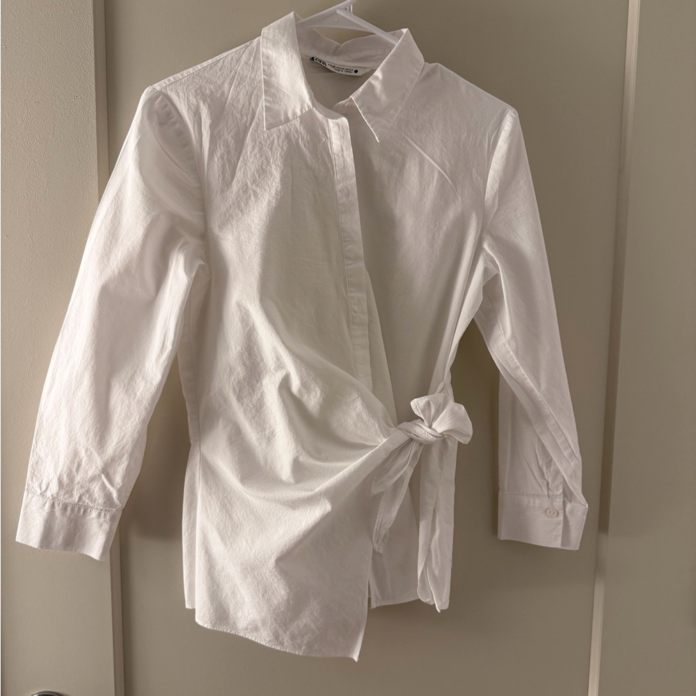 White Button-Up Shirt with Side Tie